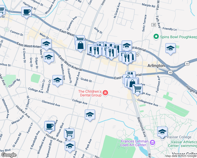 map of restaurants, bars, coffee shops, grocery stores, and more near 38 South Grand Avenue in Poughkeepsie