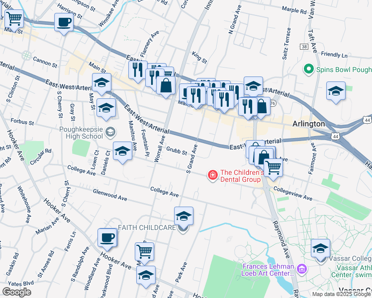 map of restaurants, bars, coffee shops, grocery stores, and more near 14 Grubb Street in Poughkeepsie
