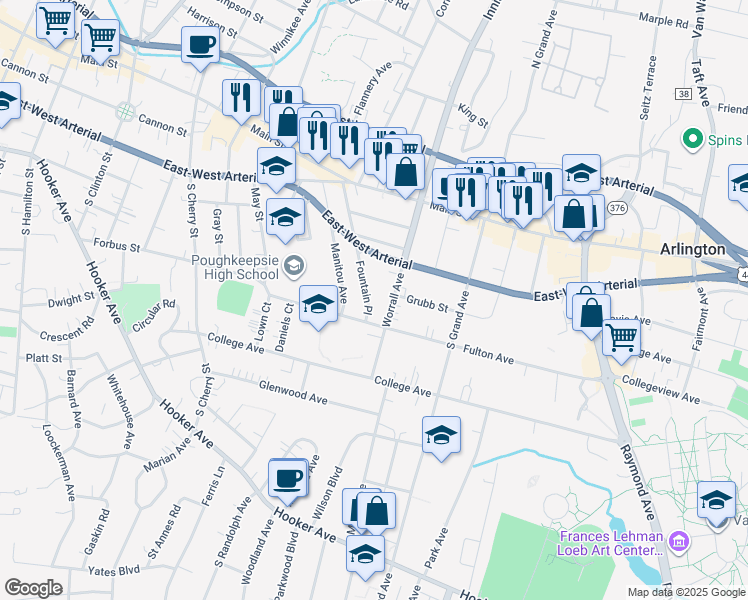 map of restaurants, bars, coffee shops, grocery stores, and more near 68 Fountain Place in Poughkeepsie