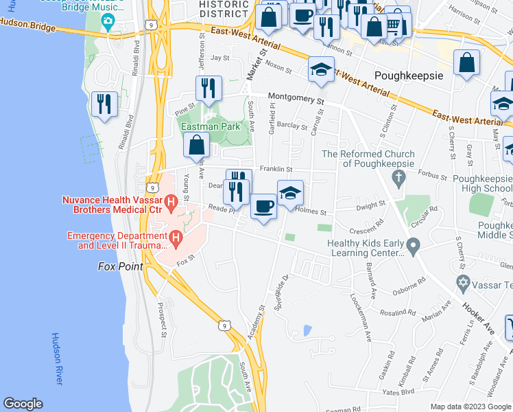 map of restaurants, bars, coffee shops, grocery stores, and more near 7 Suncrest Court in Poughkeepsie