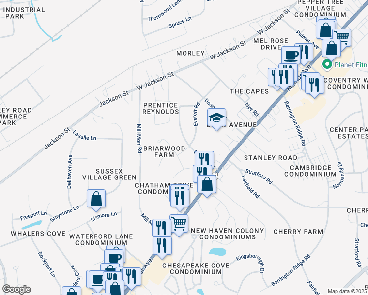 map of restaurants, bars, coffee shops, grocery stores, and more near 63 Garfield Drive in Painesville