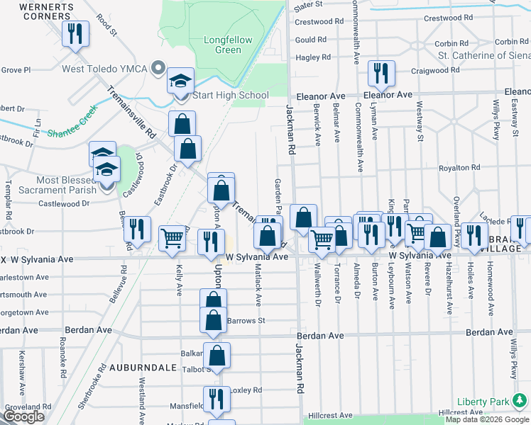 map of restaurants, bars, coffee shops, grocery stores, and more near 4109 Garden Park Drive in Toledo