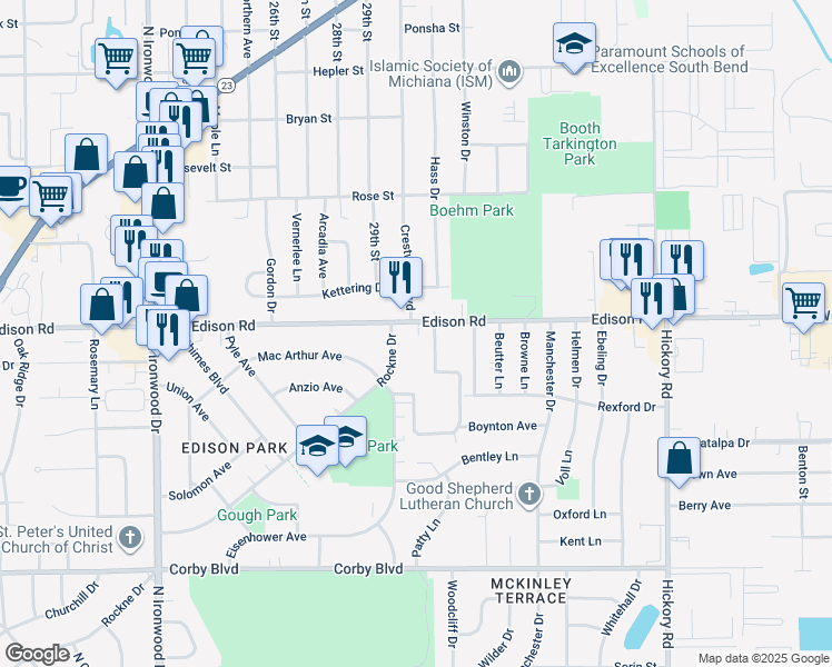 map of restaurants, bars, coffee shops, grocery stores, and more near 1337 Woodfield Drive in South Bend