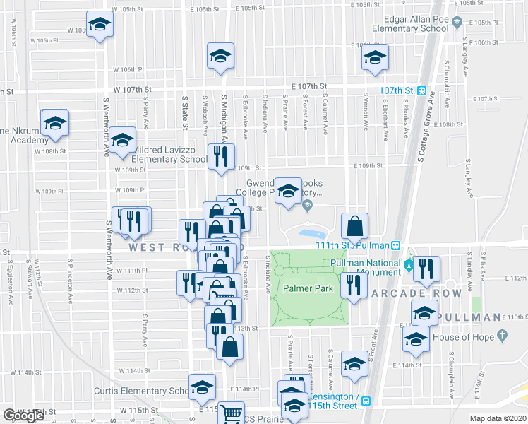 map of restaurants, bars, coffee shops, grocery stores, and more near 11020 South Indiana Avenue in Chicago