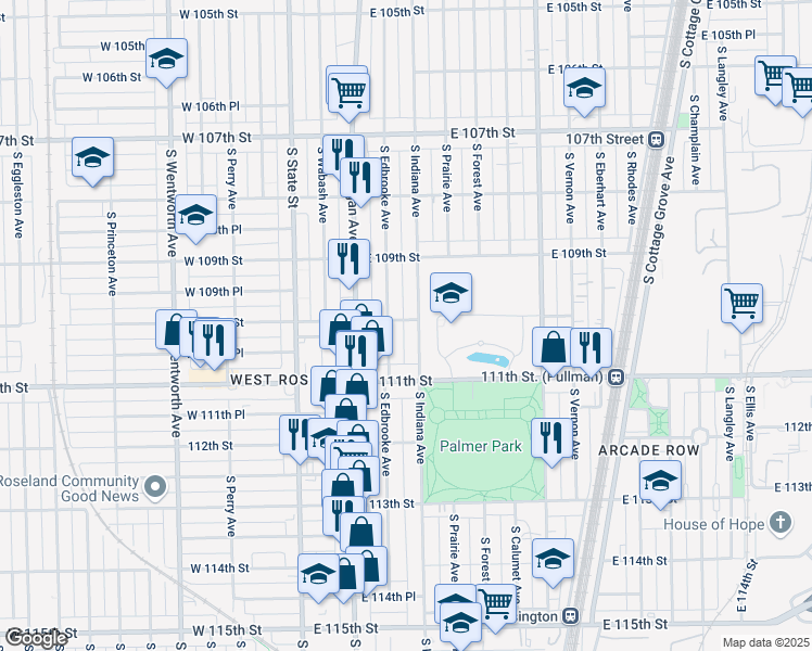 map of restaurants, bars, coffee shops, grocery stores, and more near 11015 South Edbrooke Avenue in Chicago