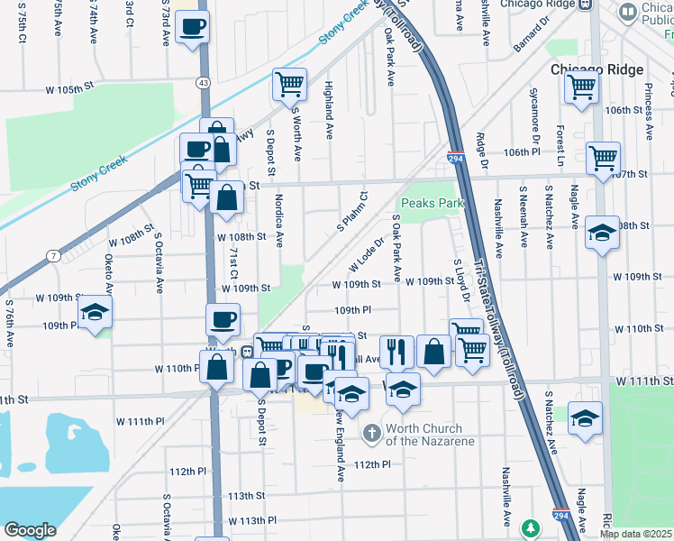 map of restaurants, bars, coffee shops, grocery stores, and more near 6910 West 109th Place in Worth