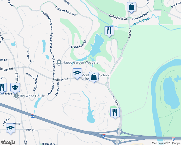 map of restaurants, bars, coffee shops, grocery stores, and more near 209 Holiday Road in Coralville
