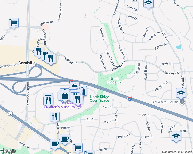 map of restaurants, bars, coffee shops, grocery stores, and more near 2272 Holiday Road in Coralville