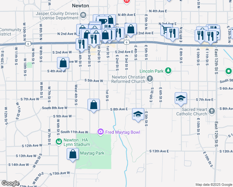 map of restaurants, bars, coffee shops, grocery stores, and more near 611 East 2nd Street South in Newton