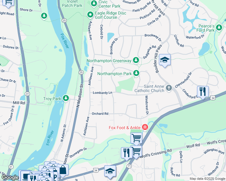 map of restaurants, bars, coffee shops, grocery stores, and more near 101 Lombardy Lane in Oswego