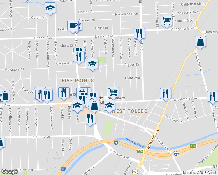 map of restaurants, bars, coffee shops, grocery stores, and more near 4054 Asbury Drive in Toledo