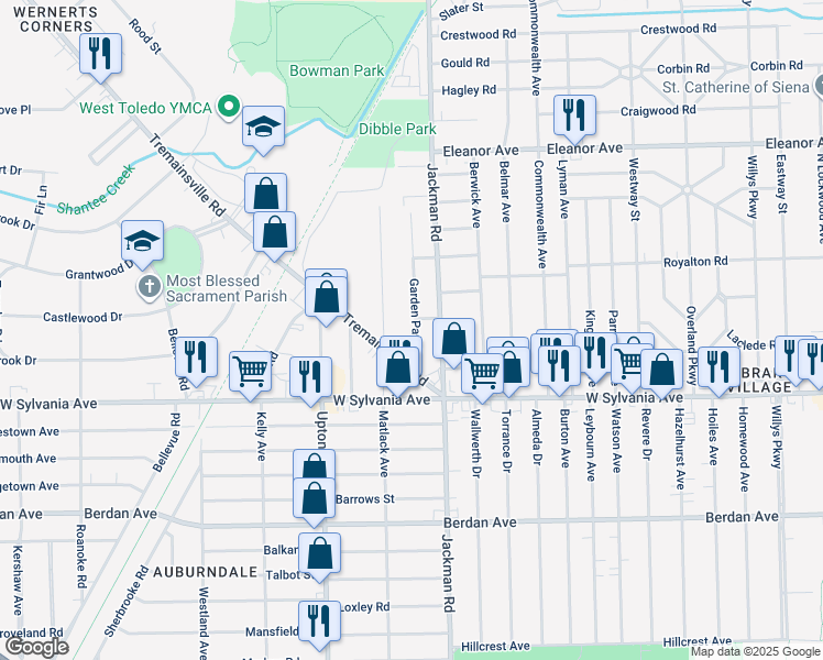 map of restaurants, bars, coffee shops, grocery stores, and more near 4119 Garden Park Drive in Toledo