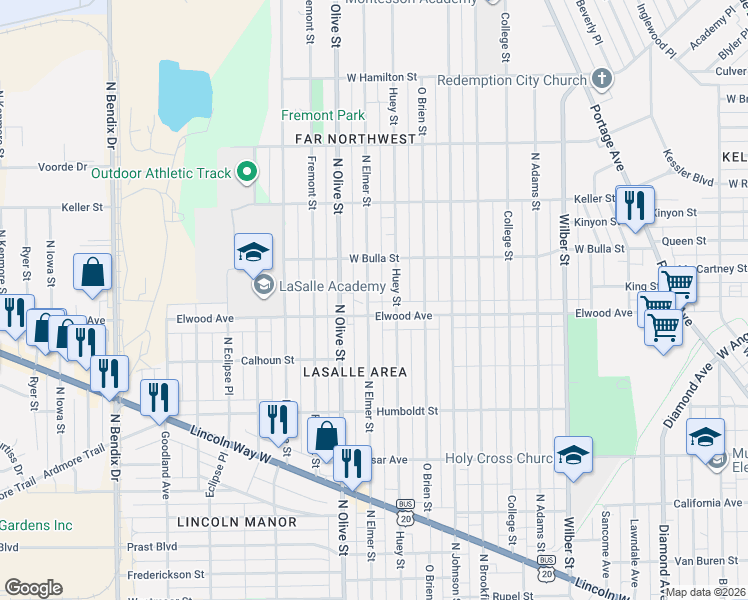 map of restaurants, bars, coffee shops, grocery stores, and more near 2307 Elwood Ave in South Bend