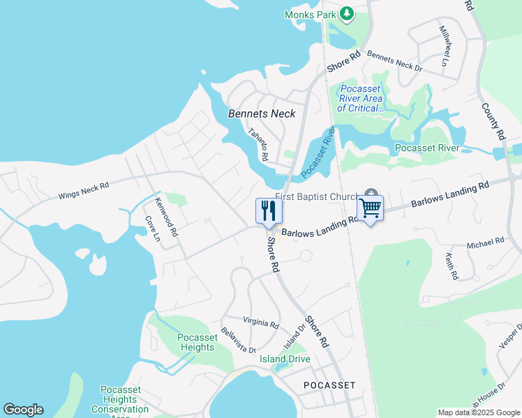 map of restaurants, bars, coffee shops, grocery stores, and more near 10 River Road in Bourne