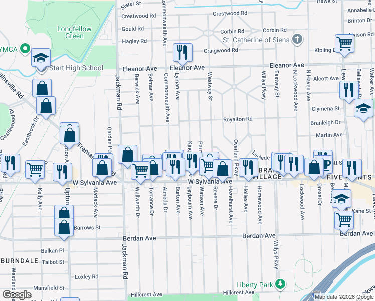 map of restaurants, bars, coffee shops, grocery stores, and more near 4109 Lyman Avenue in Toledo
