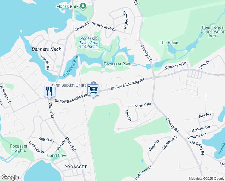 map of restaurants, bars, coffee shops, grocery stores, and more near 271 Barlows Landing Road in Bourne