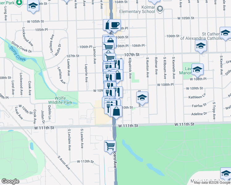 map of restaurants, bars, coffee shops, grocery stores, and more near 10925 South Cicero Avenue in Oak Lawn