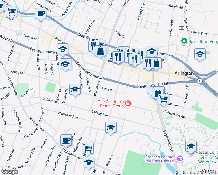 map of restaurants, bars, coffee shops, grocery stores, and more near 15 Grubb Street in Poughkeepsie