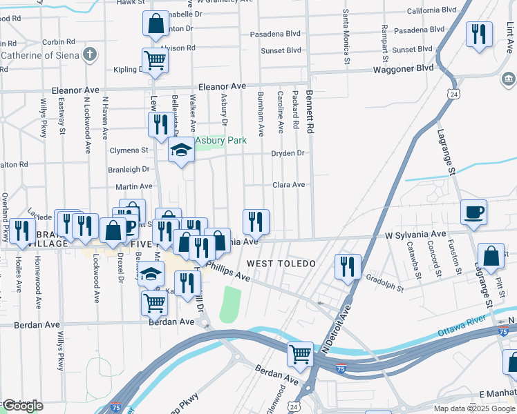map of restaurants, bars, coffee shops, grocery stores, and more near 4044 Burnham Avenue in Toledo