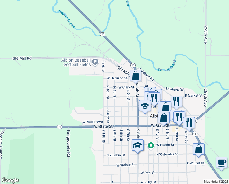 map of restaurants, bars, coffee shops, grocery stores, and more near 242 North 9th Street in Albion