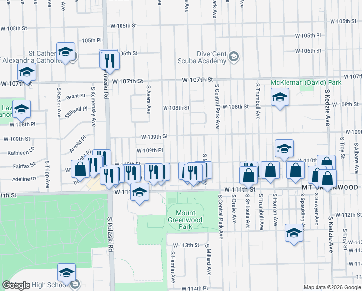 map of restaurants, bars, coffee shops, grocery stores, and more near 10933 South Ridgeway Avenue in Chicago