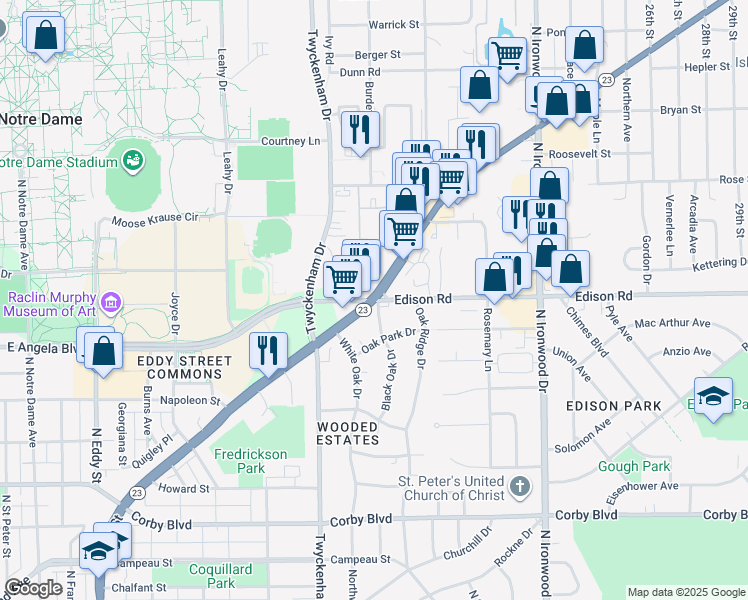 map of restaurants, bars, coffee shops, grocery stores, and more near 1338 Edison Road in South Bend