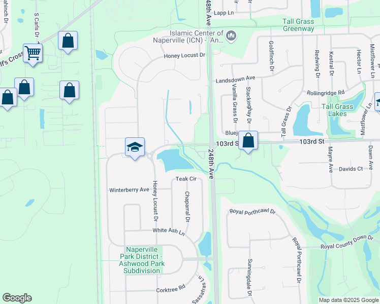 map of restaurants, bars, coffee shops, grocery stores, and more near 4015 Ashwood Park Court in Naperville