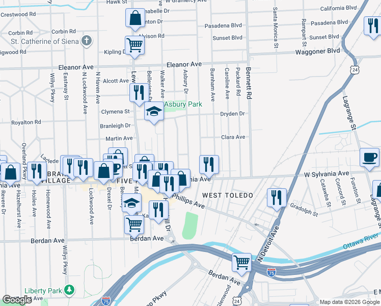 map of restaurants, bars, coffee shops, grocery stores, and more near 4043 Vermaas Avenue in Toledo