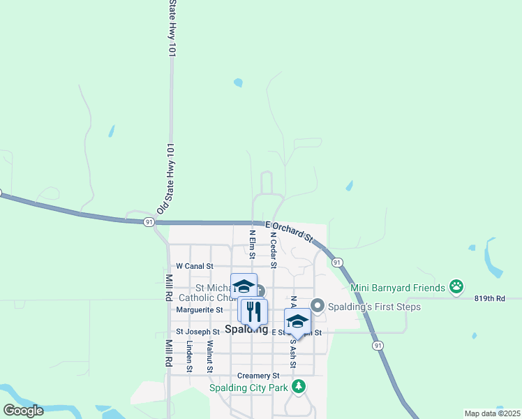 map of restaurants, bars, coffee shops, grocery stores, and more near 50623 Nebraska 91 in Spalding