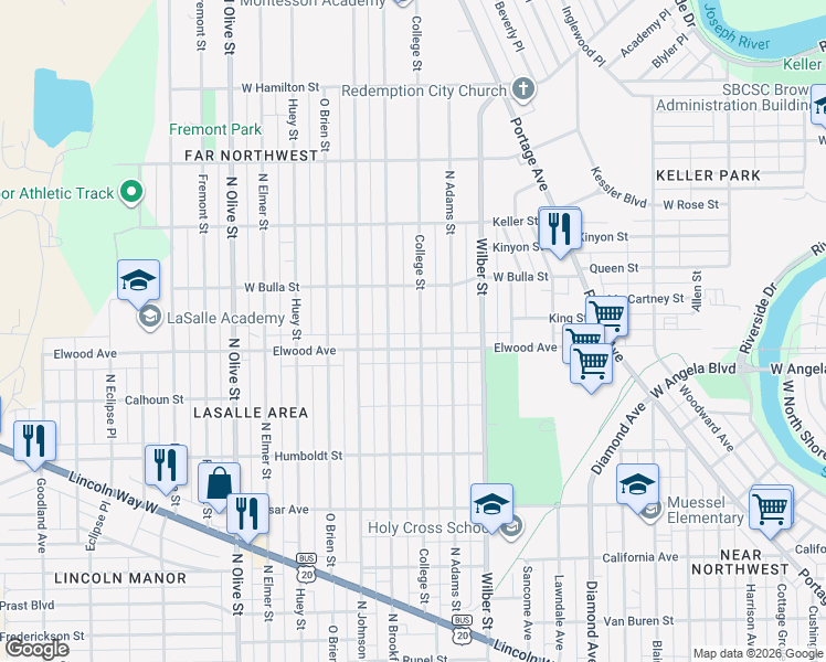 map of restaurants, bars, coffee shops, grocery stores, and more near 1809 Elwood Avenue in South Bend