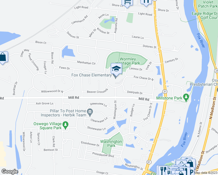 map of restaurants, bars, coffee shops, grocery stores, and more near 261 Fox Chase Drive North in Oswego