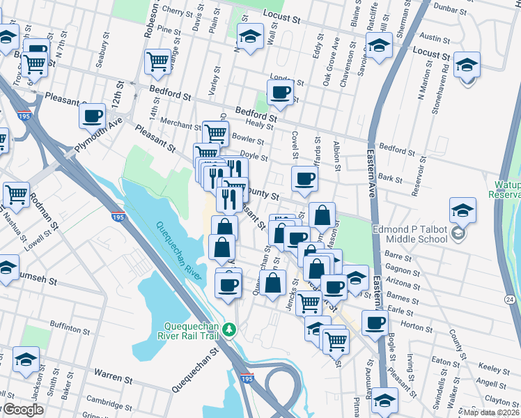map of restaurants, bars, coffee shops, grocery stores, and more near 1112 Pleasant Street in Fall River