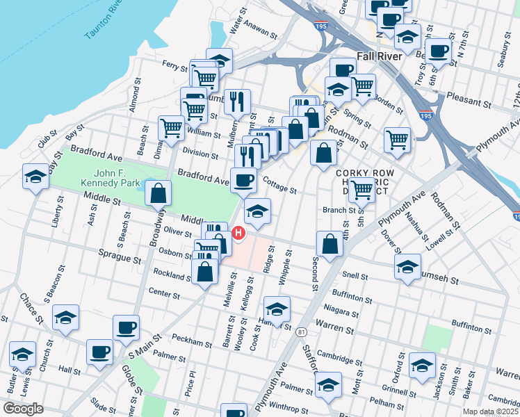 map of restaurants, bars, coffee shops, grocery stores, and more near 37 Park Street in Fall River