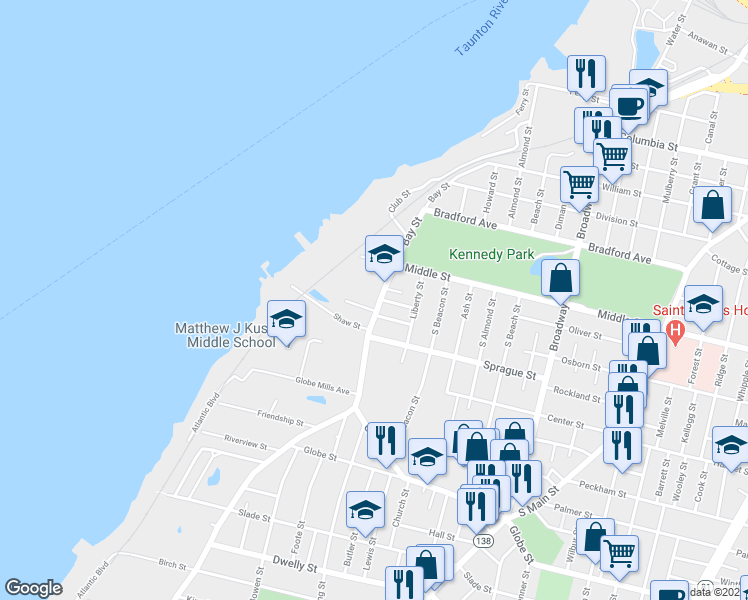 map of restaurants, bars, coffee shops, grocery stores, and more near 452 Bay Street in Fall River