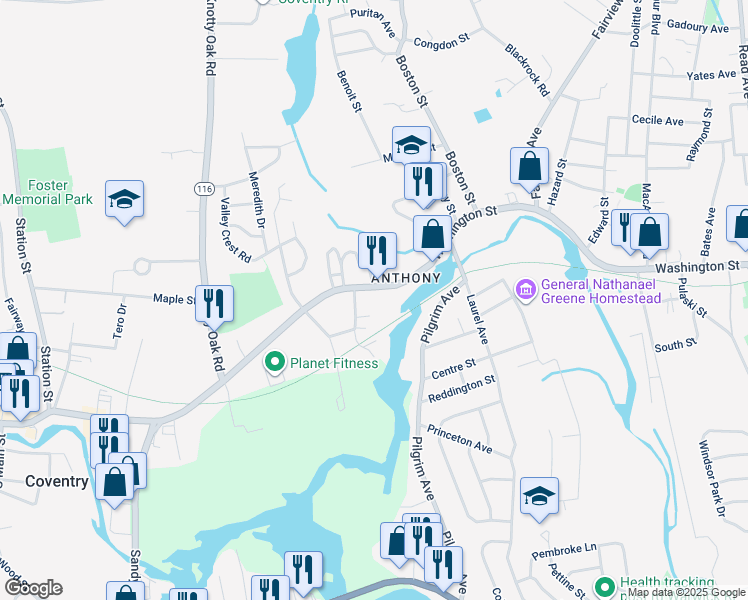map of restaurants, bars, coffee shops, grocery stores, and more near 692 Washington Street in Coventry