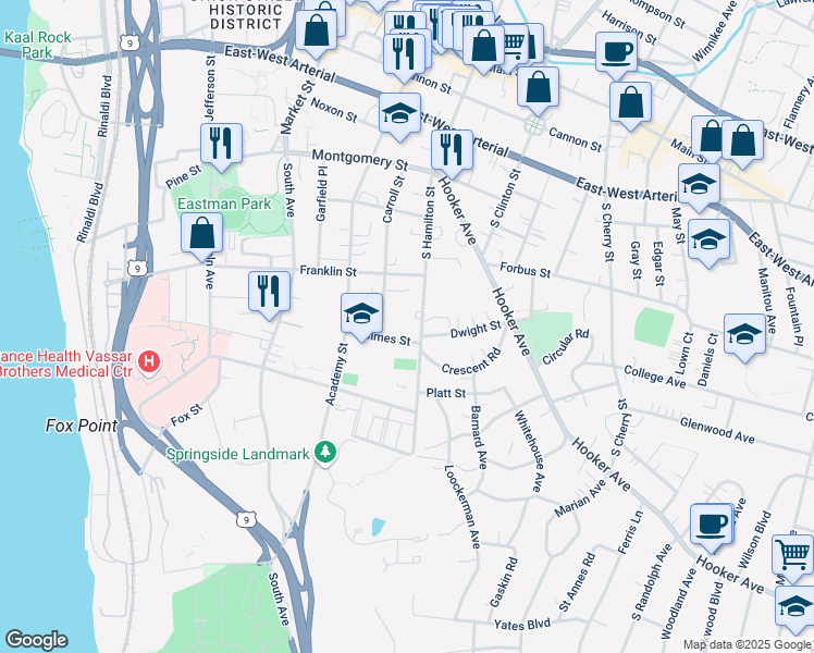 map of restaurants, bars, coffee shops, grocery stores, and more near in Poughkeepsie