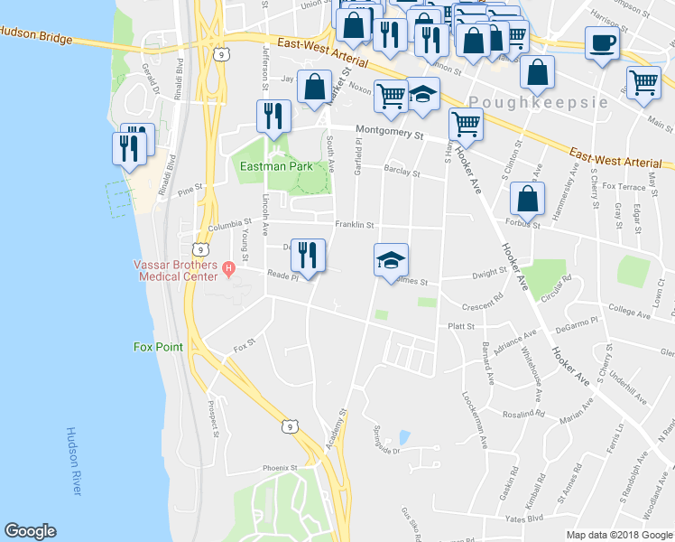 map of restaurants, bars, coffee shops, grocery stores, and more near 7 Suncrest Court in Poughkeepsie