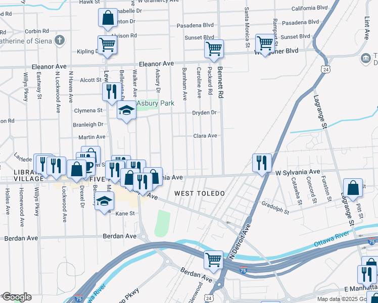 map of restaurants, bars, coffee shops, grocery stores, and more near 4044 Burnham Avenue in Toledo