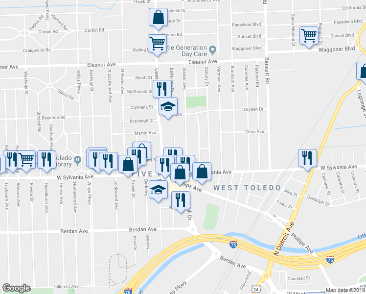 map of restaurants, bars, coffee shops, grocery stores, and more near 4045 Walker Avenue in Toledo