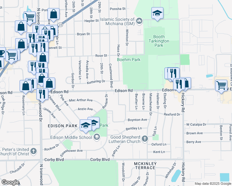 map of restaurants, bars, coffee shops, grocery stores, and more near 1337 Woodfield Drive in South Bend