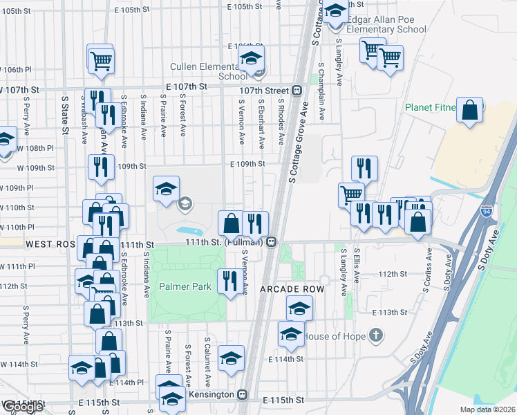 map of restaurants, bars, coffee shops, grocery stores, and more near 11017 South Vernon Avenue in Chicago