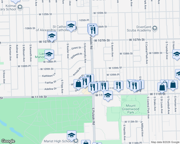 map of restaurants, bars, coffee shops, grocery stores, and more near 10925 South Komensky Avenue in Oak Lawn