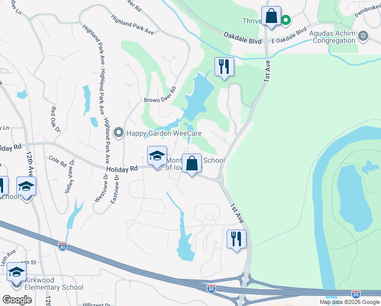 map of restaurants, bars, coffee shops, grocery stores, and more near 209 Holiday Road in Coralville