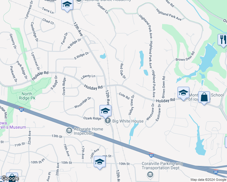 map of restaurants, bars, coffee shops, grocery stores, and more near 1482-1494 12th Avenue in Coralville