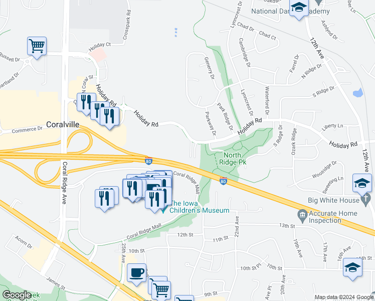 map of restaurants, bars, coffee shops, grocery stores, and more near 2272 Holiday Road in Coralville