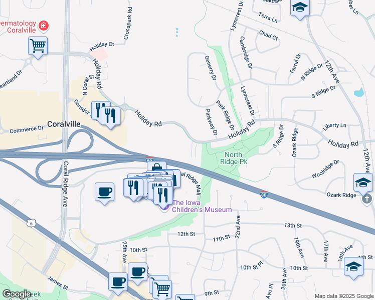 map of restaurants, bars, coffee shops, grocery stores, and more near 2272 Holiday Road in Coralville