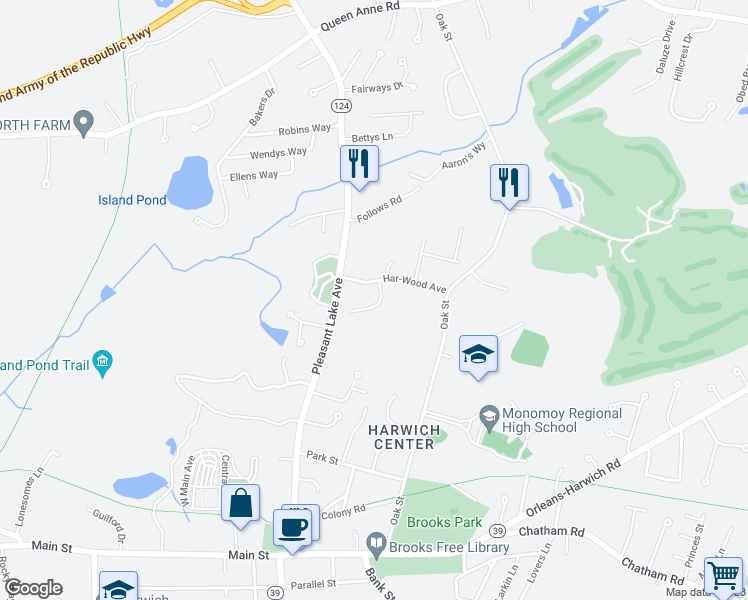 map of restaurants, bars, coffee shops, grocery stores, and more near 14 Cranwood Road in Harwich