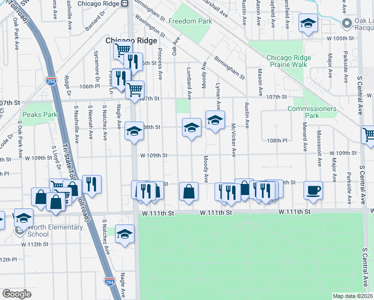 map of restaurants, bars, coffee shops, grocery stores, and more near 10901 Lombard Avenue in Chicago Ridge