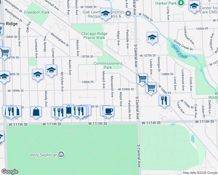 map of restaurants, bars, coffee shops, grocery stores, and more near 10900 Massasoit Avenue in Chicago Ridge