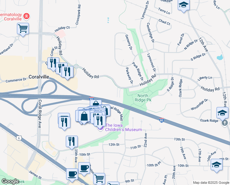 map of restaurants, bars, coffee shops, grocery stores, and more near 2272 Holiday Road in Coralville
